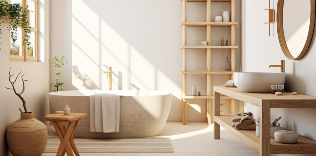 Salle de bains lumineuse avec rangements en bois