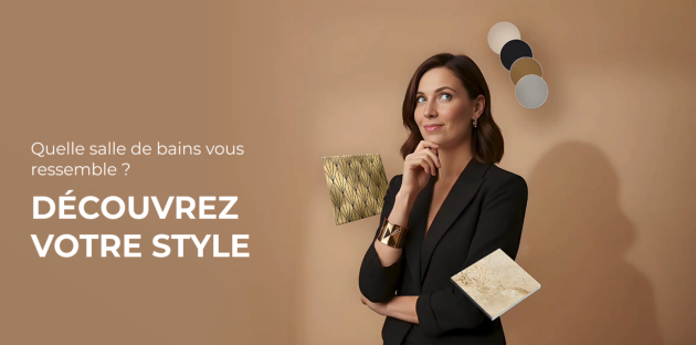 Femme pensive en tenue élégante entourée d'échantillons de carrelage doré, de marbre et de pastilles de couleurs, illustrant le choix d'un style de salle de bains personnalisé.