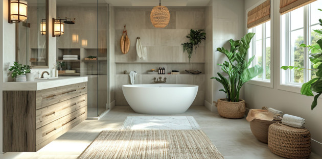 Salle de bains chaleureuse avec des accessoires beiges en rotin