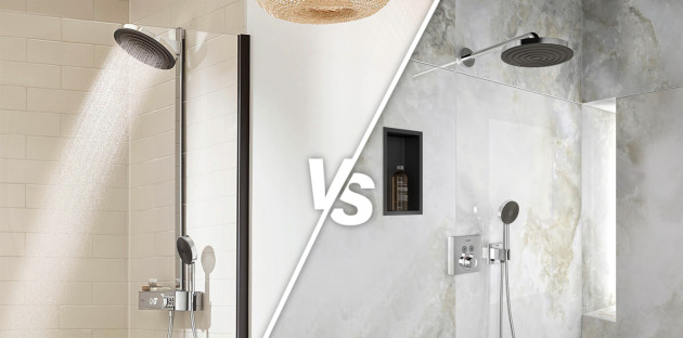 Visuel opposant une colonne de douche apparente, vs une colonne de douche incrustée 