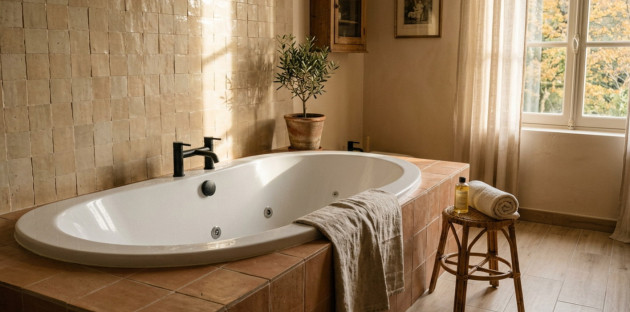 Baignoire balnéo encastrée dans un habillage carrelé, aménagée dans une salle de bains lumineuse aux tons naturels.