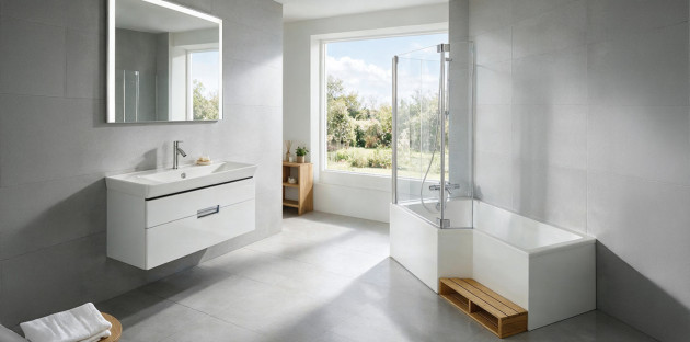 Salle de bains moderne avec baignoire-douche et meuble vasque suspendu