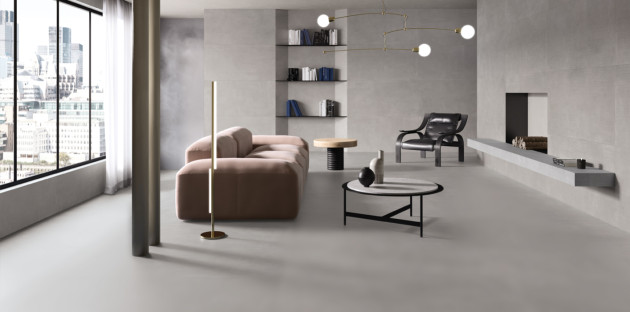 Salon moderne minimaliste en béton ciré