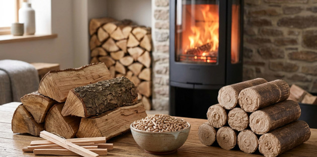 Comparatif entre bûches, granulés et bois densifié devant un poêle à bois allumé dans un salon chaleureux.