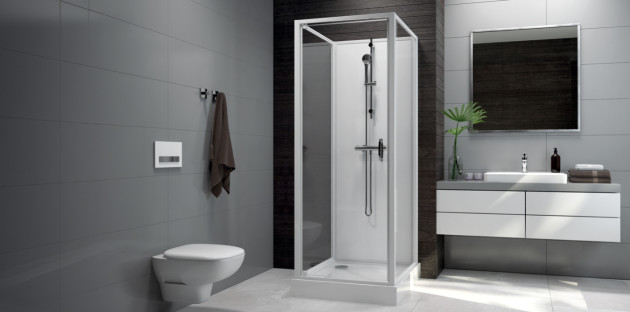 Salle de bains moderne grise avec cabine de douche