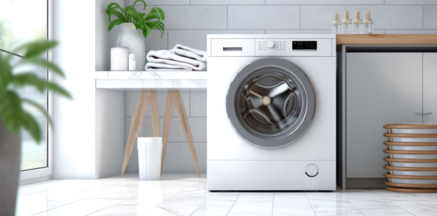 Buanderie avec une machine à laver et un joli carrelage blanc