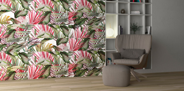 Grand salon avec du carrelage mural effet papier peint