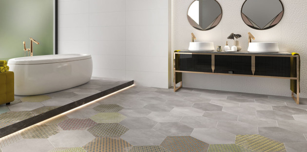 Salle de bains moderne avec du carrelage hexagonal effet béton