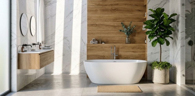 Salle de bains haut de gamme avec baignoire îlot, carrelage effet marbre et habillage mural bois chaleureux.