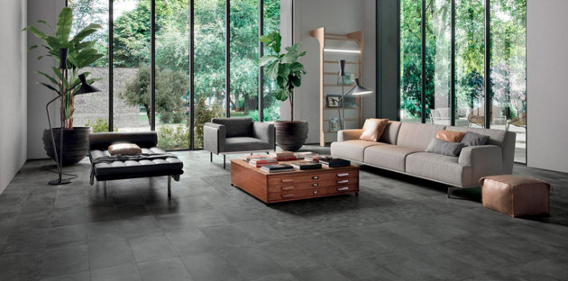 Salon moderne équipé de carrelage industriel