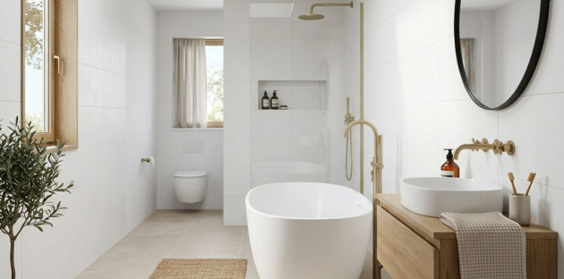 Salle de bains moderne avec carrelage mural blanc grand format, baignoire îlot et robinetterie dorée.