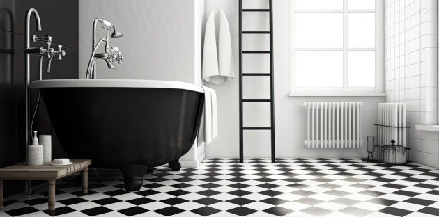 Salle de bains avec carrelage noir et blanc damier vintage