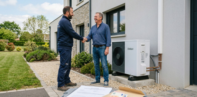 Installateur échangeant avec un particulier devant une pompe à chaleur récemment installée à l’extérieur d’une maison.