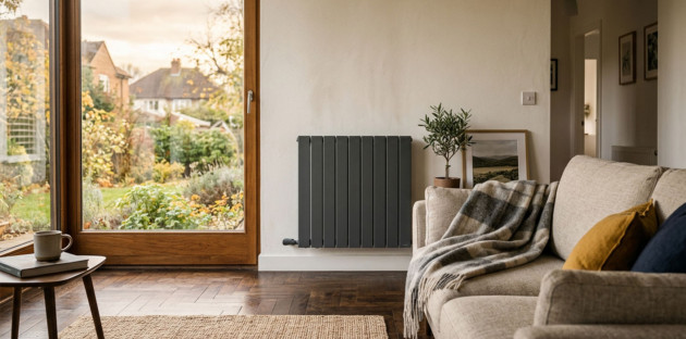Radiateur mural gris anthracite installé dans un salon lumineux avec vue sur le jardin.