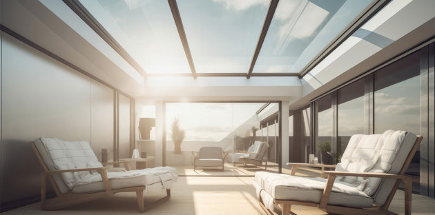 Soleil qui chauffe une pièce de vie vitrée moderne