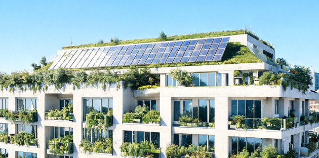 Immeuble composé d'appartements avec une toiture verte et des panneaux solaires sur le toit