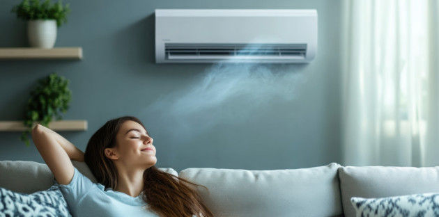 Personne profitant d’un air frais diffusé par une climatisation murale dans un salon confortable.