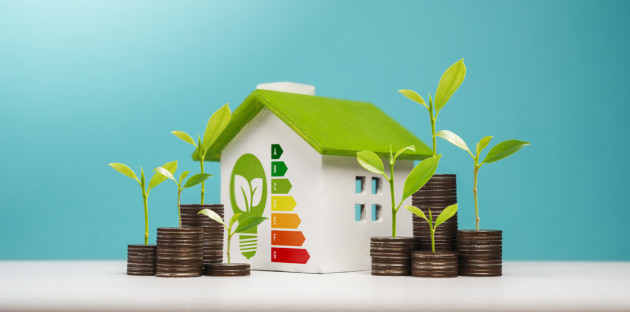 Petite maison à toit vert avec étiquette énergie et piles de pièces, symbolisant les économies d’énergie.