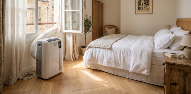 Climatiseur monobloc mobile installé dans une chambre avec gaine d’évacuation raccordée à une fenêtre ouverte.