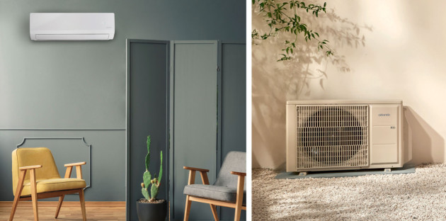 Système de climatisation monosplit avec unité intérieure murale et groupe extérieur installé près de la maison.