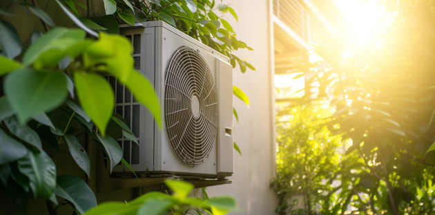 Unité extérieure de climatisation installée au milieu d’une végétation luxuriante pour un refroidissement discret et efficace.
