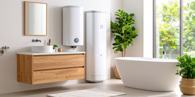 Salle de bains lumineuse avec un ballon d'eau chaude et des plantes vertes
