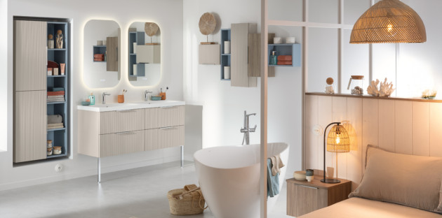 Chambre salle de bains avec bois, ambiance beige