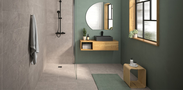 Petite salle de bains grise et verte avec douche à l'italienne