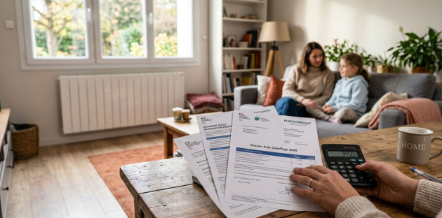 Dossier d’aides financières pour le chauffage consulté dans un salon équipé d’un radiateur.