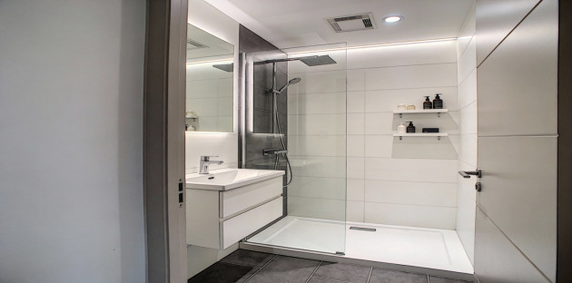 Petite salle de bains avec douche blanche