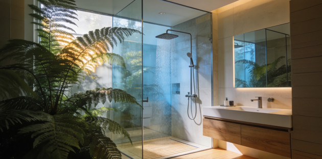 Salle de bains avec douche à l’italienne ouverte sur un espace végétalisé