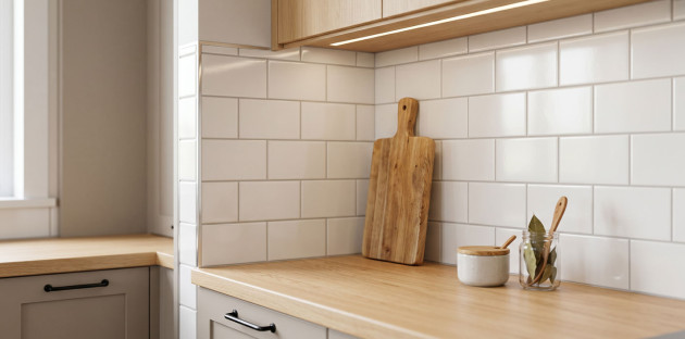 Crédence de cuisine en carrelage blanc brillant avec plan de travail en bois.