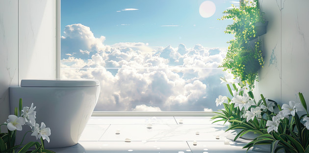WC design dans un décor lumineux avec vue ciel et plantes, ambiance zen et épurée pour toilettes modernes