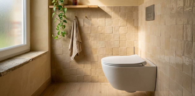 WC suspendu blanc installé dans un espace lumineux avec carrelage beige et décoration naturelle.
