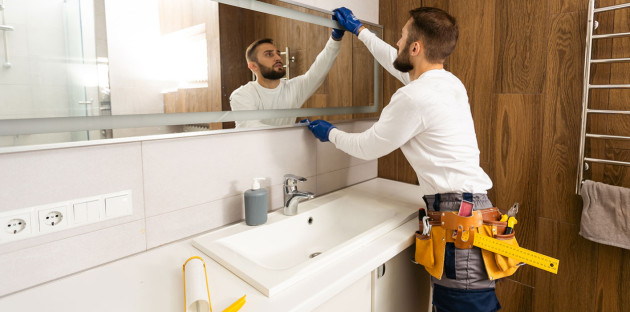 Artisan prenant les mesures d’un meuble vasque avant son démontage dans une salle de bains.