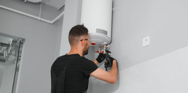 Homme qui intervient sur un chauffe-eau