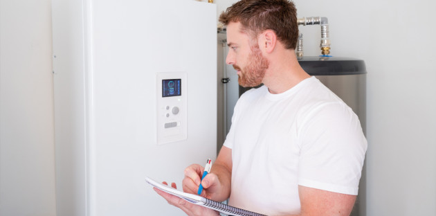 Homme qui prend des notes en regardant un thermostat électronique