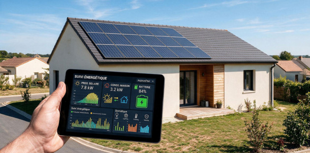 Personne qui monitore la production énergétique des panneaux solaires de sa maison via une tablette