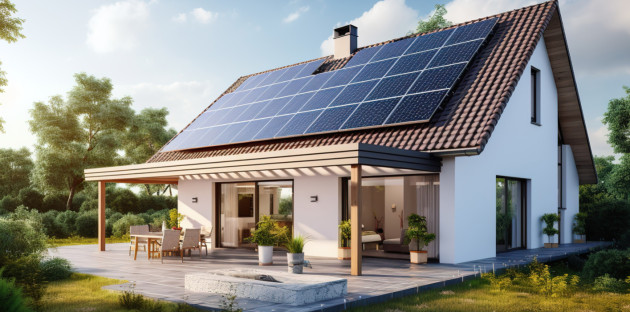 Maison équipée de panneaux solaires sur toiture pour autoconsommation énergétique