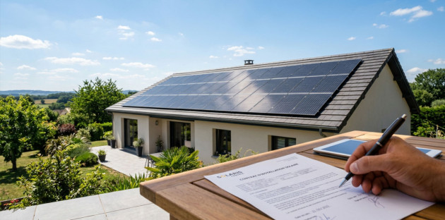 Maison équipée de panneaux photovoltaïques avec signature d’un contrat lié à l’installation solaire.