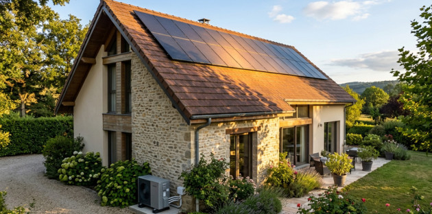 Maison individuelle équipée de panneaux solaires et d’une pompe à chaleur dans un jardin paysager
