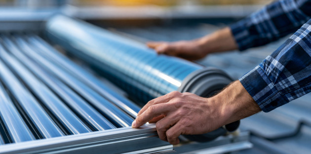 Homme qui tient son installation de panneaux solaires thermiques
