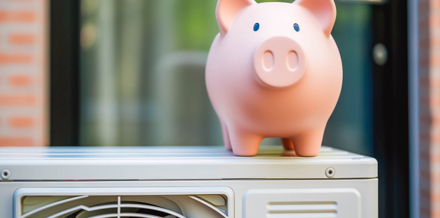 Cochon tirelire sur une unité extérieure de pompe à chaleur