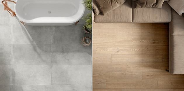 Visuel combinant du grès cérame dans une salle de bains et dans un salon