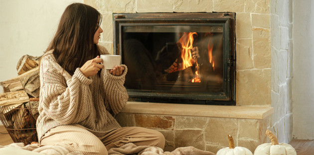 Femme qui regarde le feu de bois dans sa cheminée