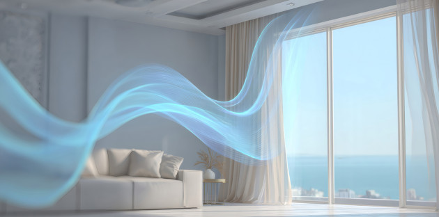 Flux d’air frais provenant d'un climatiseur symbolisé dans un salon.