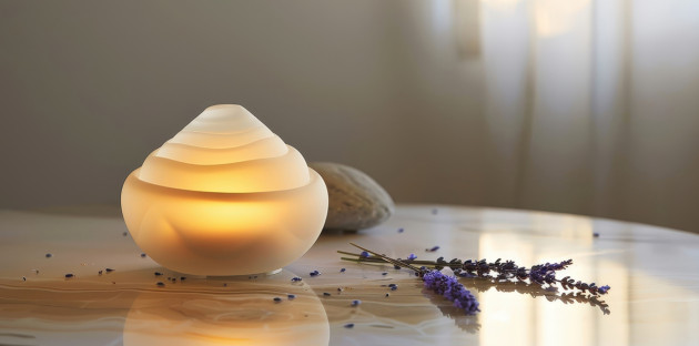 Diffuseur de chaleur douce en fonctionnement posé sur une table