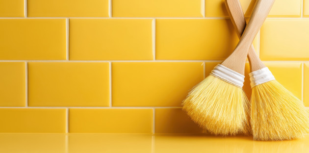 Deux pinceaux en bois posés contre un mur de carrelage jaune