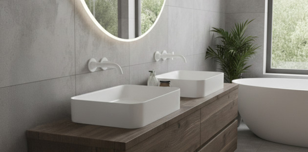 Salle de bains avec meuble double vasque et robinetterie murale blanche mate