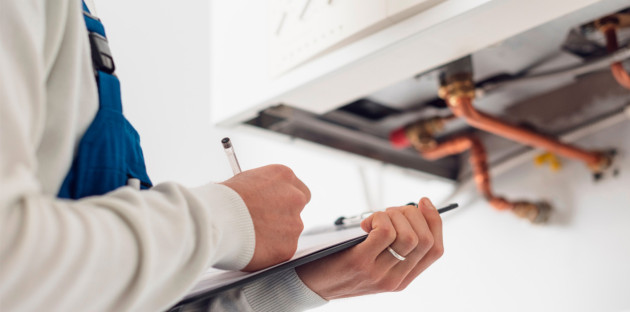 Technicien chauffagiste qui remplit un rapport de diagnostic sur une feuille de papier